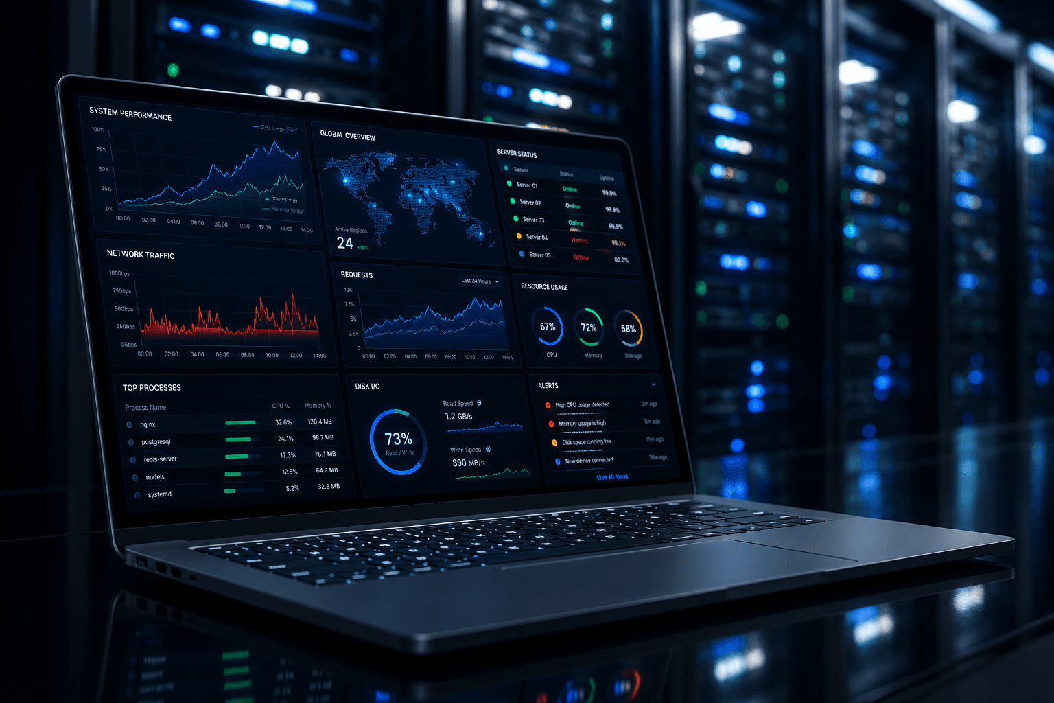 System performance analytics dashboard on a laptop